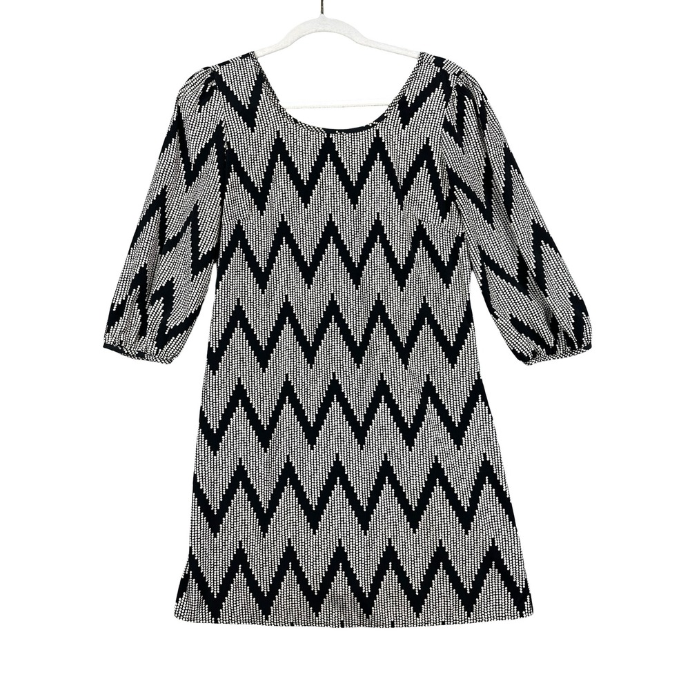 Ezra Black White Zig Zag Chevron Print Scoop Neck 3/4 Sleeve Shift Dress Women M
